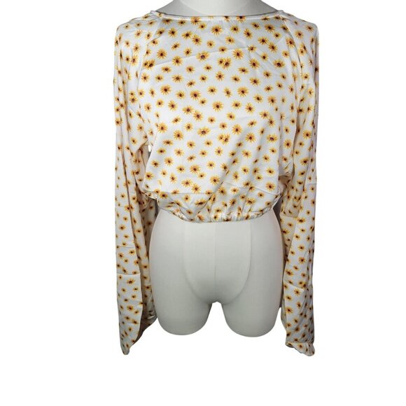 WeWoreWhat Yellow Sunflower Print Long-Sleeve Crisscross Open-Back Blouse Size L - Picture 1 of 10